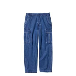 Uniqlo Wide Fit Denim Cargo Pants Mens Size L Drawstring‎ Stretch Streetwear